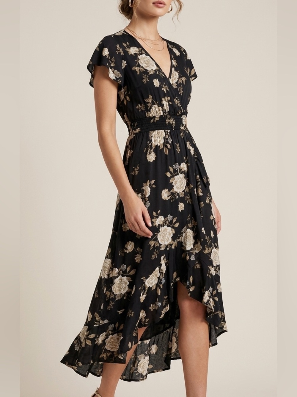 American Rag Black Floral High-Low Midi Dress Smocked Waist V-Neck Small